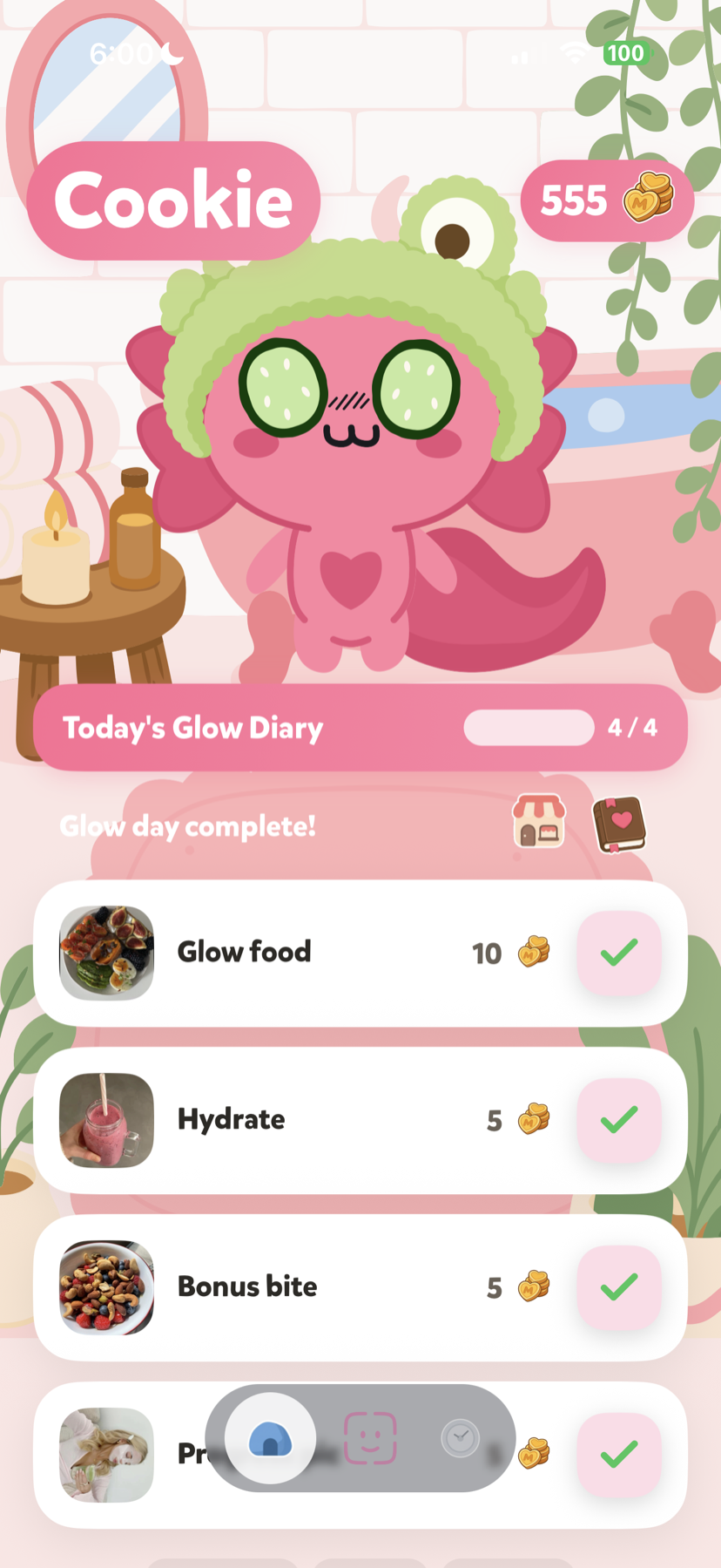 The Moxy app home screen with Cookie the axolotl and the daily Glow Diary